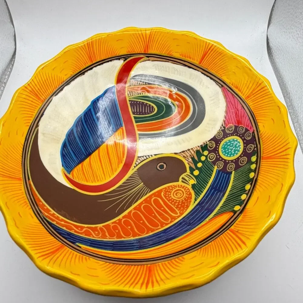 Art Pottery Scalloped Bowl Vintage Mexican Folk Art Hand Painted Bird Motif 10